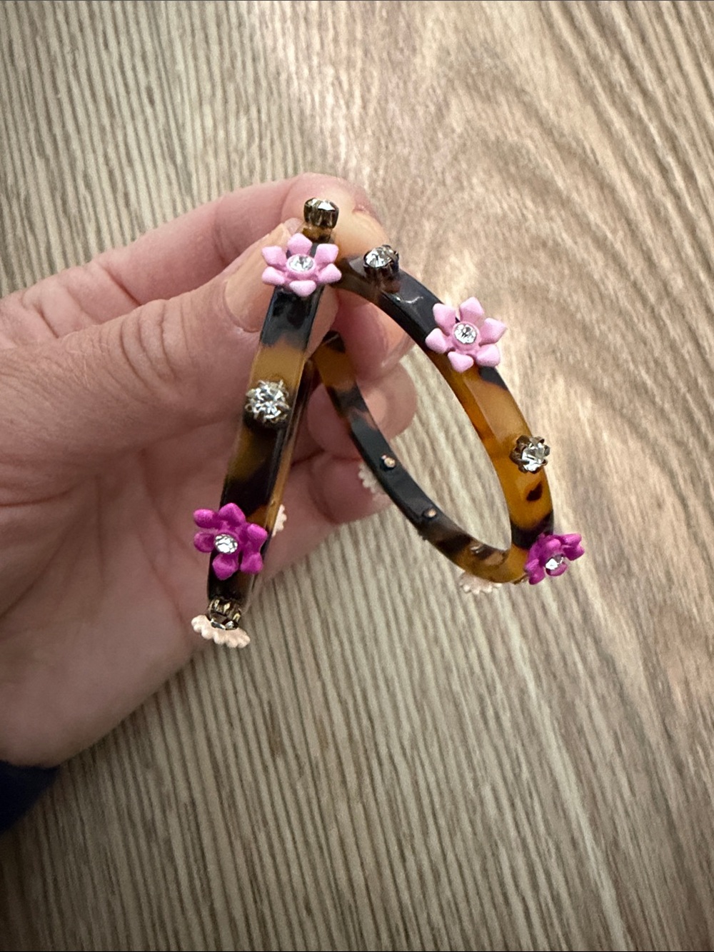 J. Crew Tortoiseshell Hoop Earrings with Pink Flower and Crystal Accents